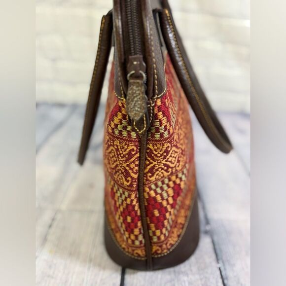 John Heaton Weekender Dark Chocolate Brown Leather Tapestry Boho Shoulder Purse - Picture 4 of 12